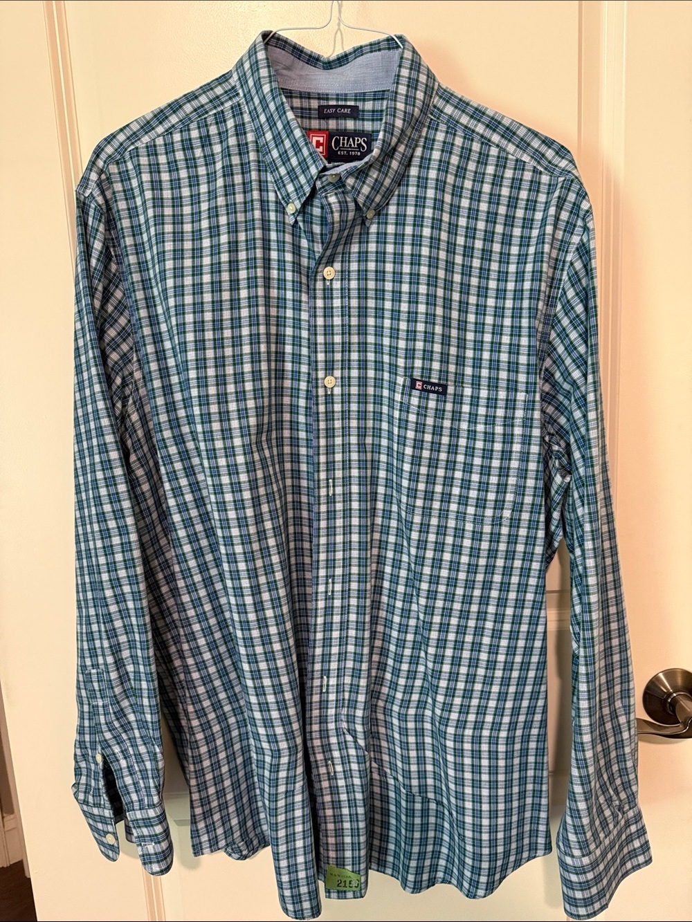Chaps Men's Teal and Navy Plaid Button-Down Shirt